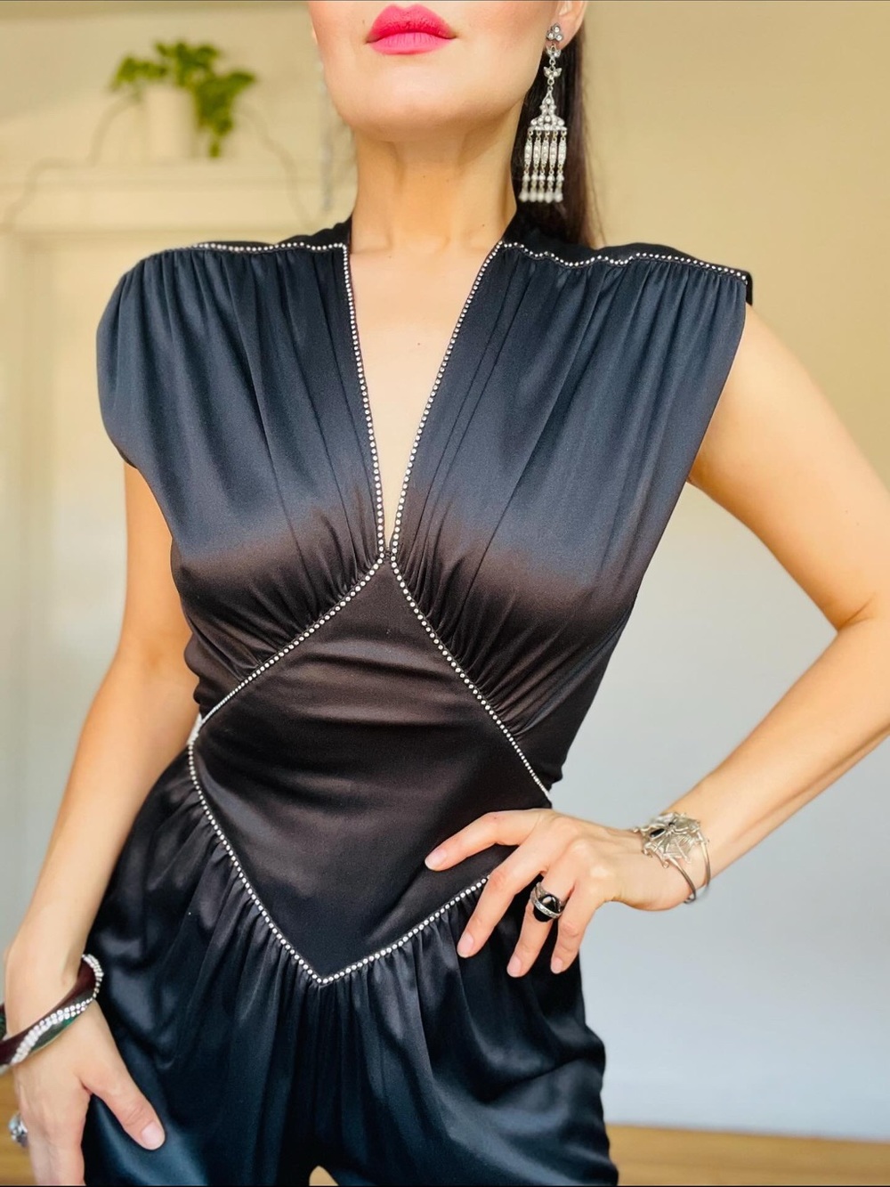 Vintage Vicky Vaughn Black Satin Rhinestone Jumpsuit 80s Glam - Picture 2 of 7